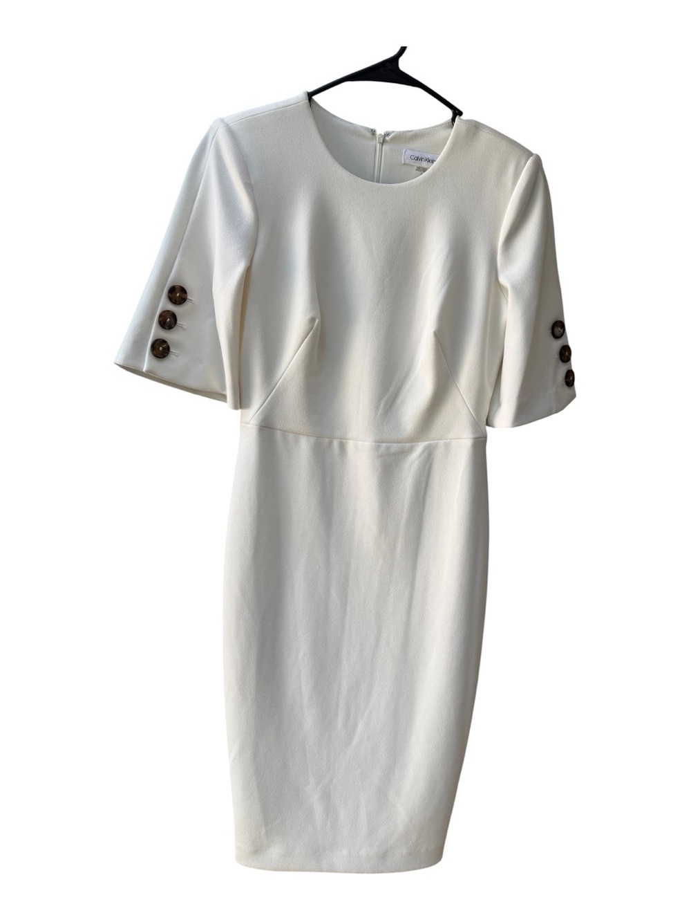 Calvin Klein Cream Midi Sheath Dress with Button-Sleeve Detail